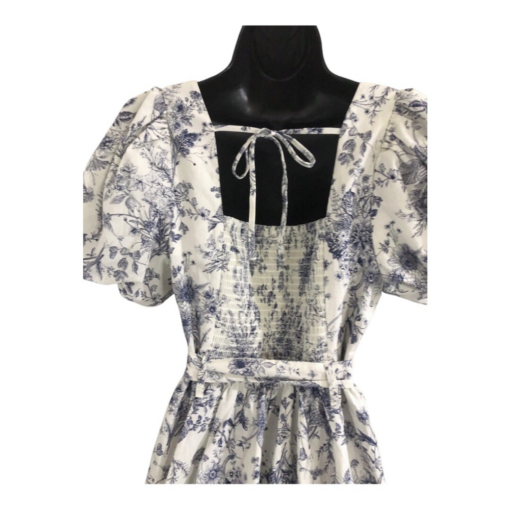 Cream‎ blue floral puff sleeve belted smocked square neck nap dress size medium - Picture 4 of 17